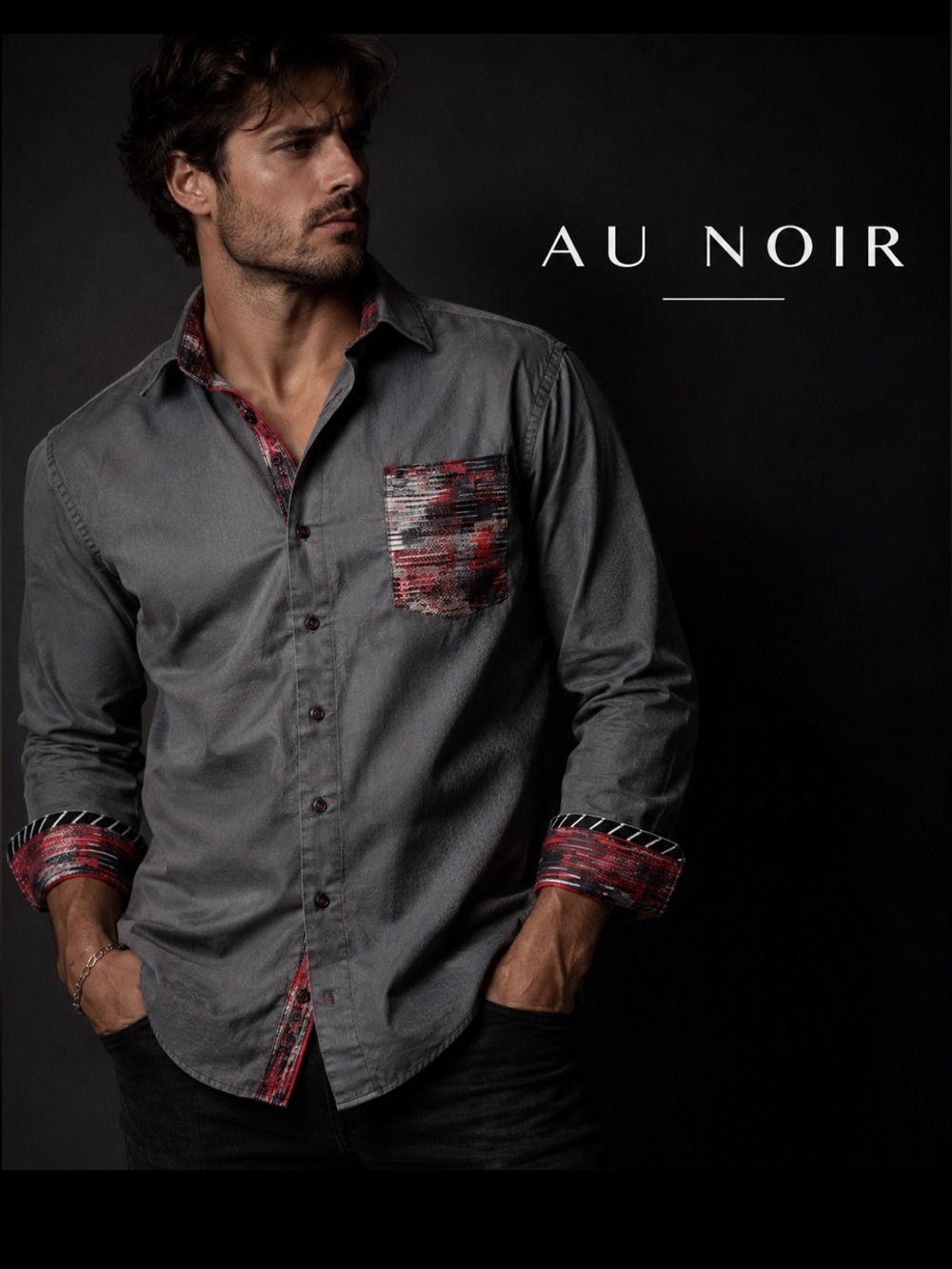 AU NOIR, blue / grey front pocket buttons down shirt!